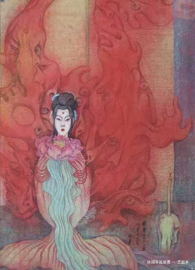 张润萍绢本国画《酷暑》