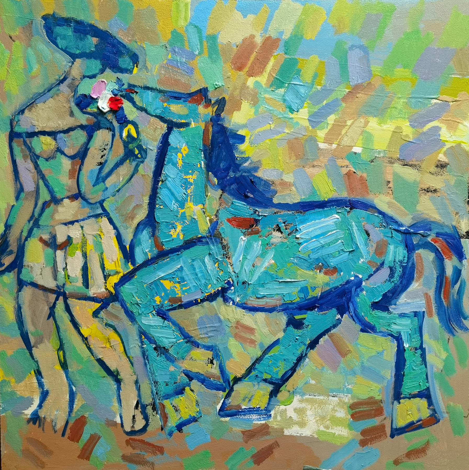 油画  女人与马