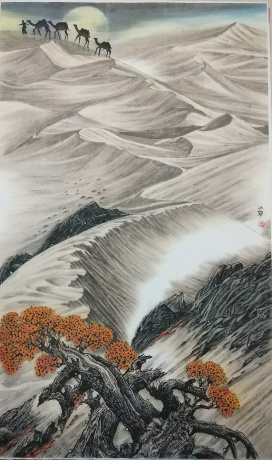 彩墨中国画《大漠晓月》