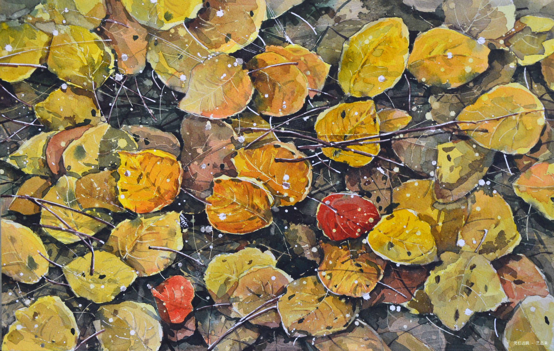 落叶, 凭栏远眺, 2014年纸张水彩粉画 