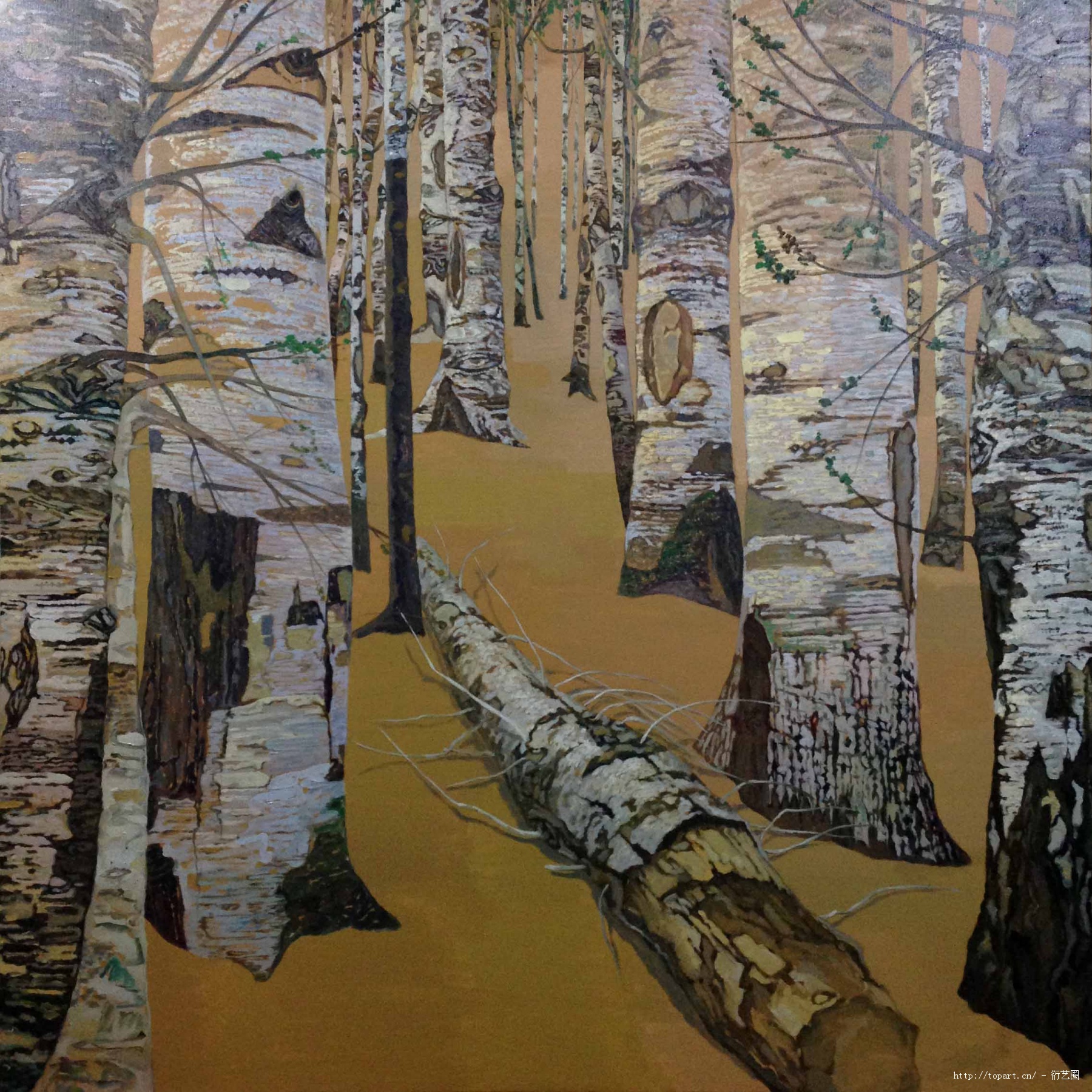 《黄背景的白桦树》,皋翱, 2015年布面油画 