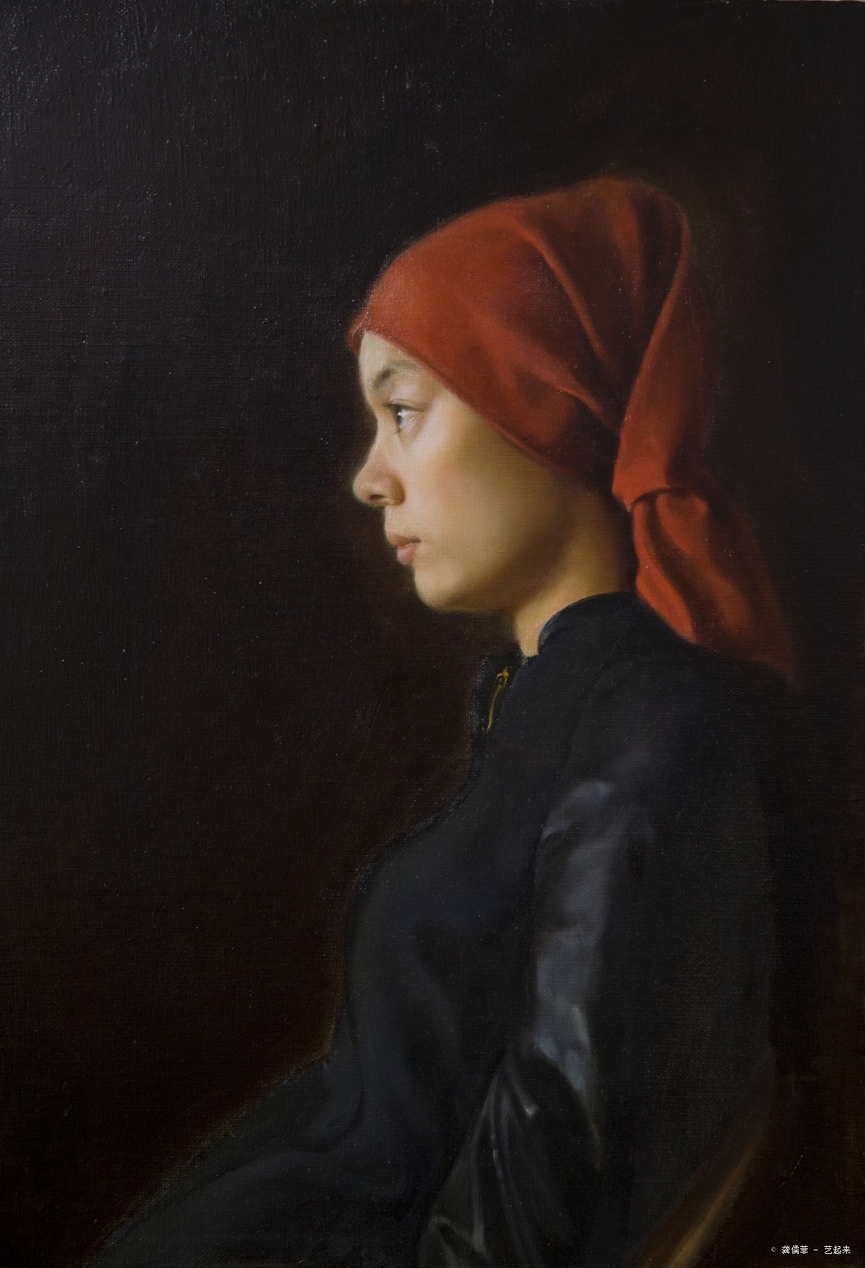 披着红头巾的女人油画图片