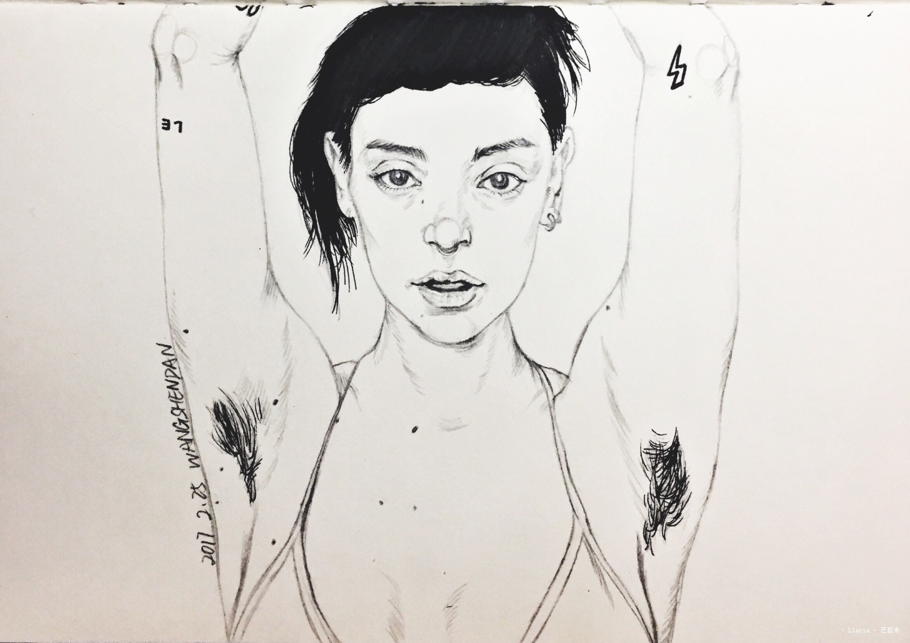 腋毛女孩①,王沈丹, 2017年纸张插画 