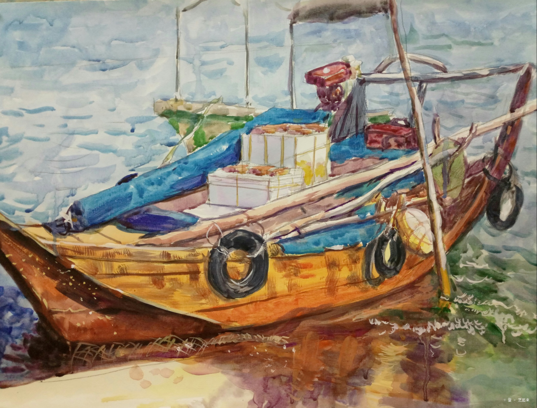 靠岸的渔船,陈忠登, 2017年纸张水彩粉画 