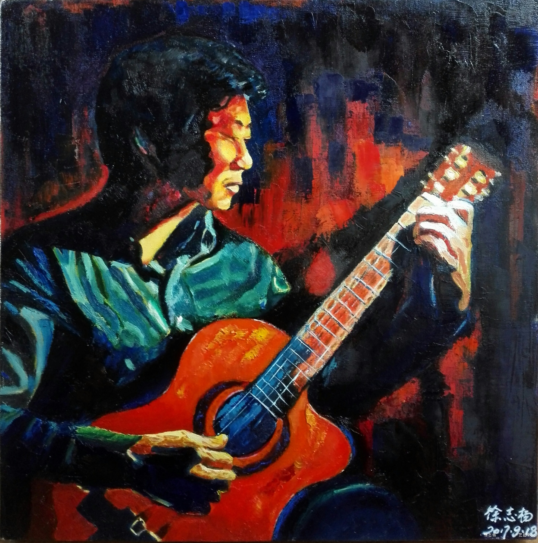 弹吉他的自画像,徐志杨 , 2017年布面油画 